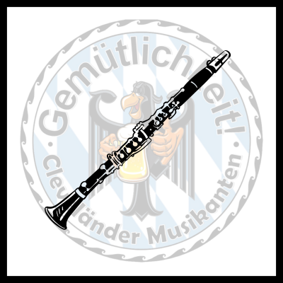A clarinet overlaid on the band logo.