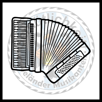 An accordion overlaid on the band logo.