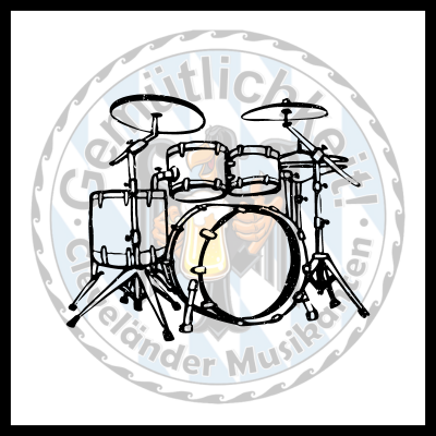 A drumset overlaid on the band logo.