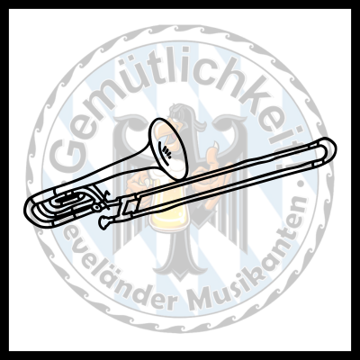 A trombone overlaid on the band logo.