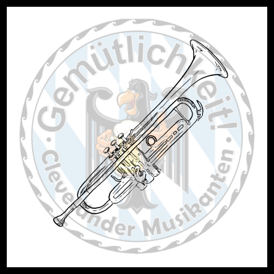 A trumpet overlaid on the band logo.